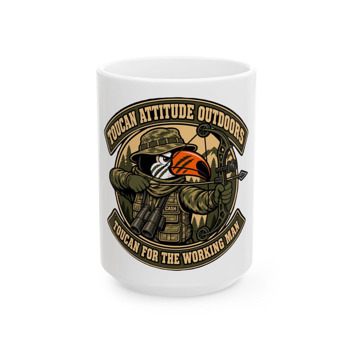 Toucan Attitude Outdoors Hunting Mug — “Toucan for the Working Man” Ceramic Coffee Cup (11oz/15oz)